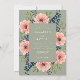 Sage Green Coral Botanical Rustic Wedding Invitation