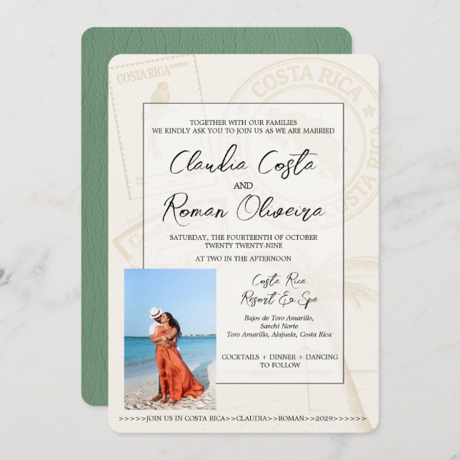 Sage Green Costa Rica Passport Wedding Invitation (Front/Back)