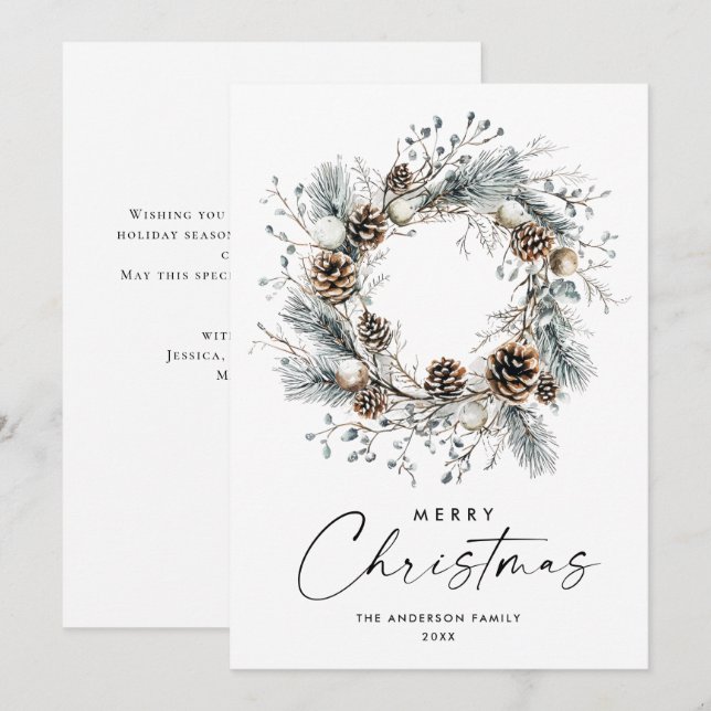 Sage Green Country Christmas Pine Cones Wreath Holiday Card (Front/Back)