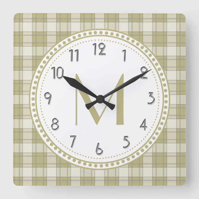 Sage Green Country Plaid Pattern Monogram Square Wall Clock (Front)