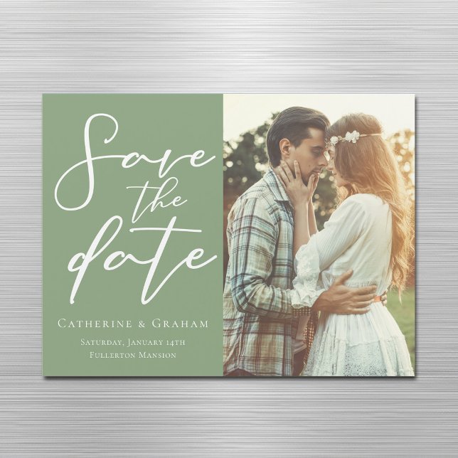 Sage Green Couple Photo Save the Date Magnet Card (Creator Uploaded)