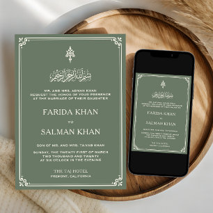 Sage Green Cream Border Islamic Wedding Invitation