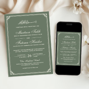 Sage Green Cream Border Muslim Wedding Invitation