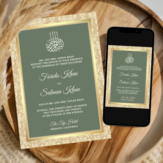 Sage Green Cream Damask Islamic Muslim Wedding Invitation (Creator Uploaded)