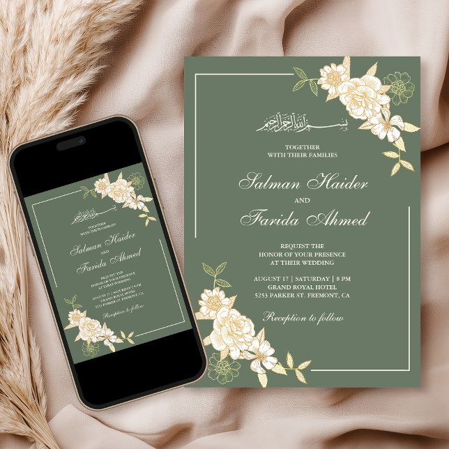 Sage Green Cream Floral Branch Muslim Wedding Invitation (Creator Uploaded)