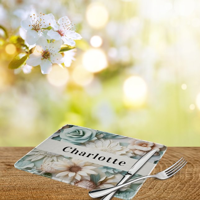 Sage green cream florals name script cutting board (Creator Uploaded)