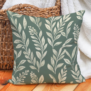 Sage Green Cream Leaves Farmhouse Botanical Cushion