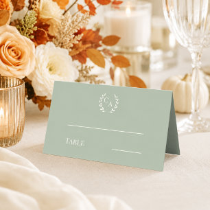 Sage green cream monogrammed wreath place card