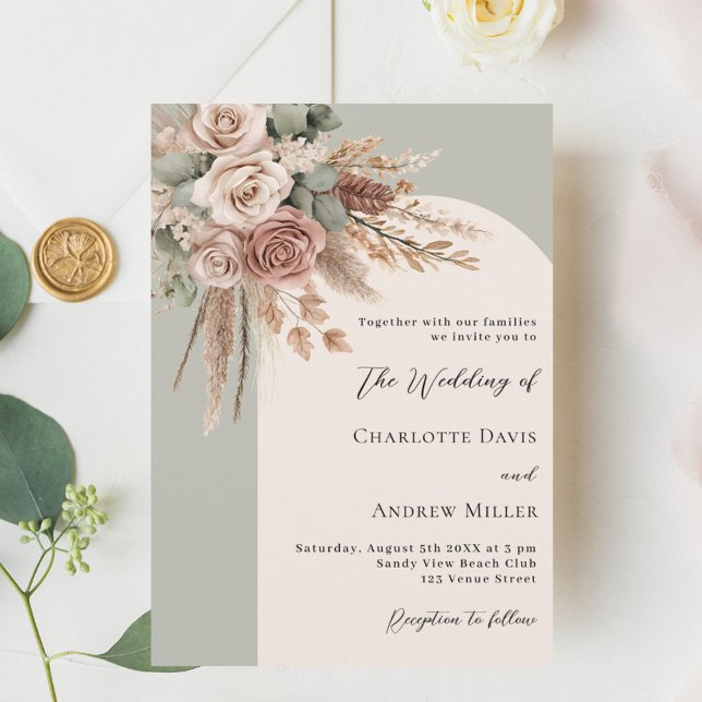 Sage green cream roses pampas grass arch wedding invitation (Creator Uploaded)