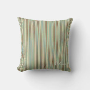 Sage Green Cream Taupe Stripes Custom Monogram Cushion
