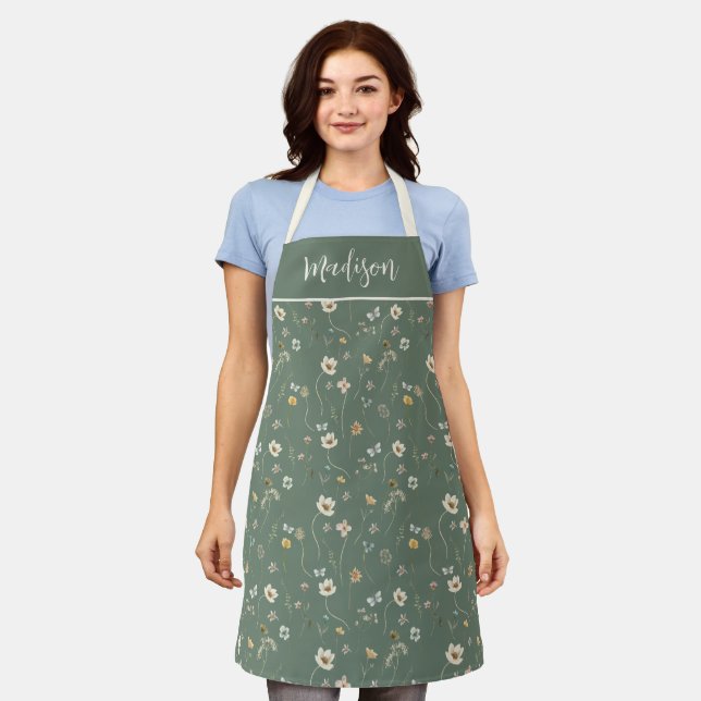 Sage Green Cream Watercolor Wildflower Custom Name Apron (Worn)
