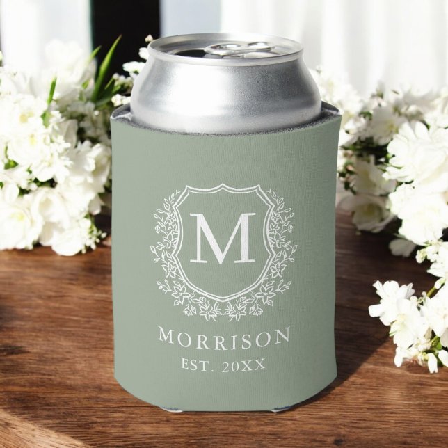 Sage Green Crest Botanical Monogram Wedding  Can Cooler (Creator Uploaded)