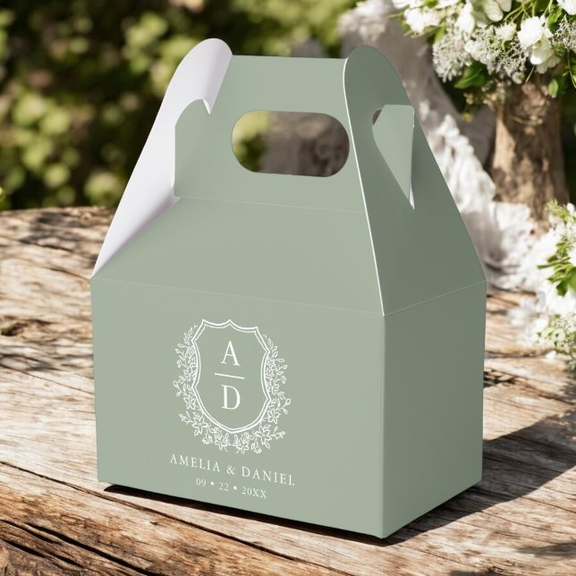 Sage Green Crest Floral Monogram Wedding Modern Favour Box (Creator Uploaded)