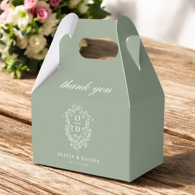 Sage Green Crest Floral Monogram Wedding Modern Favour Box (Creator Uploaded)