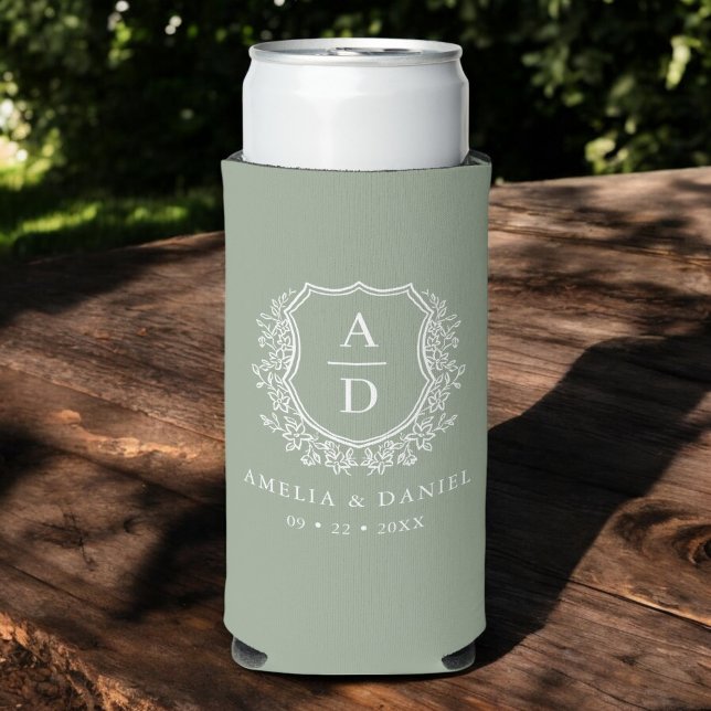 Sage Green Crest Modern Monogram Wedding  Seltzer Can Cooler (Creator Uploaded)