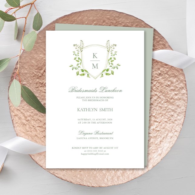 Sage Green Crest Monogram Bridesmaids Luncheon Invitation (Creator Uploaded)