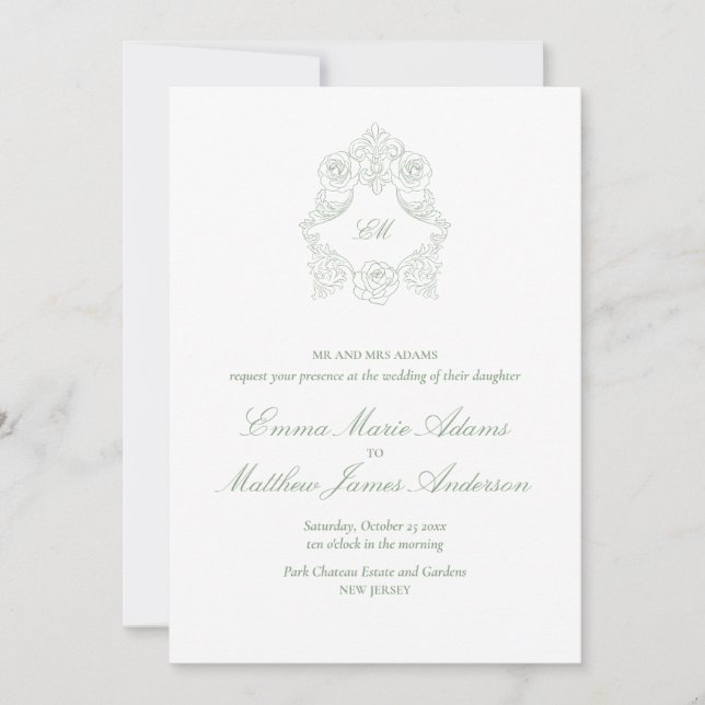 Sage Green Crest Monogram Classic Wedding Invitation (Front)