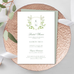 Sage Green Crest Monogram Modern Bridal Shower Invitation