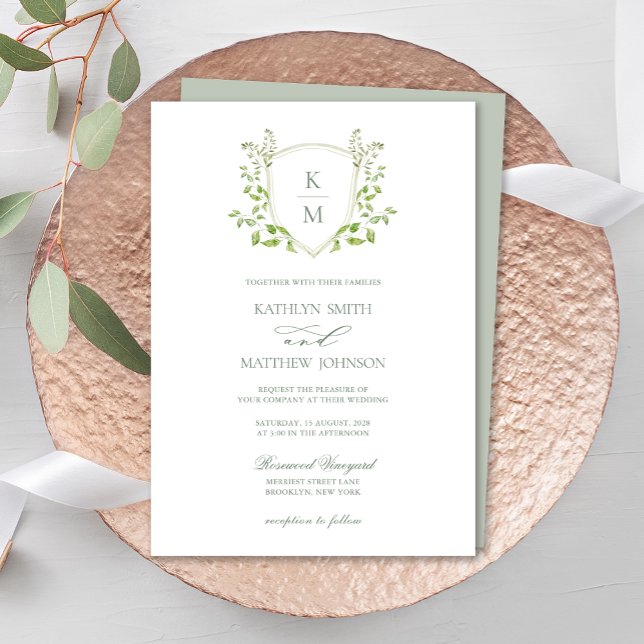 Sage Green Crest Monogram Modern Greenery Wedding Invitation (Creator Uploaded)