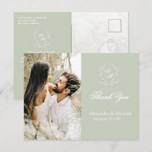Sage Green Crest Monogram Photo Wedding Thank You Postcard