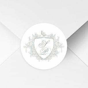 Sage green crest monogram wedding classic round sticker