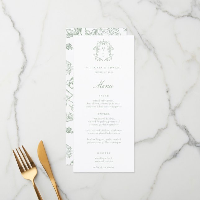 Sage Green Crest Monogram Wedding Menu (Front/Back In Situ)