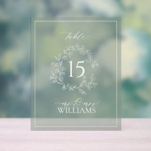Sage Green Crest Monogram Wedding Table Number Acrylic Sign