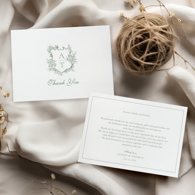 Sage Green Crest Monogram Wedding Thank You Card (Creator Uploaded)