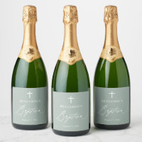 Sage Green Cross Baptism Sparkling Wine Bottle Lab