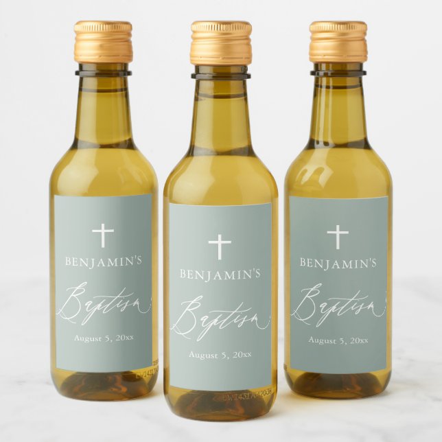Sage Green Cross Boy Baptism Mini Wine Label (Bottles)