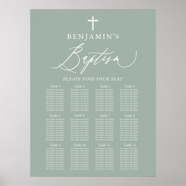 Sage Green Cross Boy Baptism Seating Chart Sign (Front)
