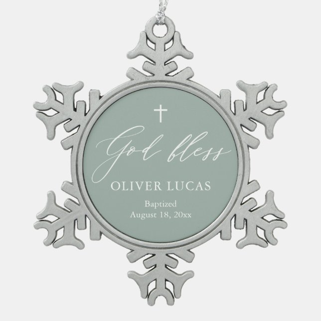 Sage Green Cross Boy Baptism Snowflake Ornament (Front)