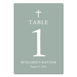 Sage Green Cross Boy Baptism Table Number Card