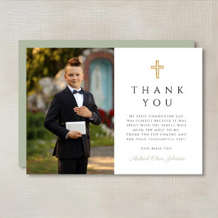 Sage Green Cross Boy First Communion Photo Thank You Card