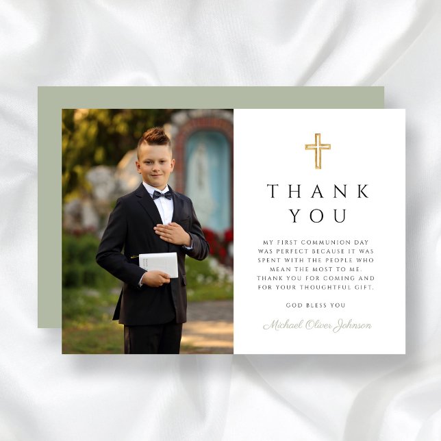 Sage Green Cross Boy First Communion Photo Thank You Card (Sage Green Cross Boy First Communion Photo Thank You Card)