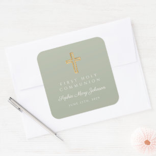 Sage Green Cross Boy First Communion  Square Sticker