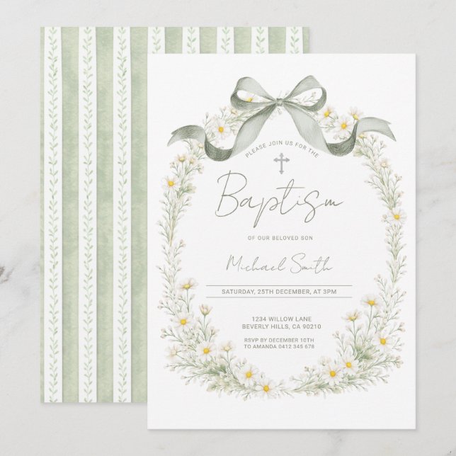 Sage Green Cross Daisy Baptism Invitation (Front/Back)