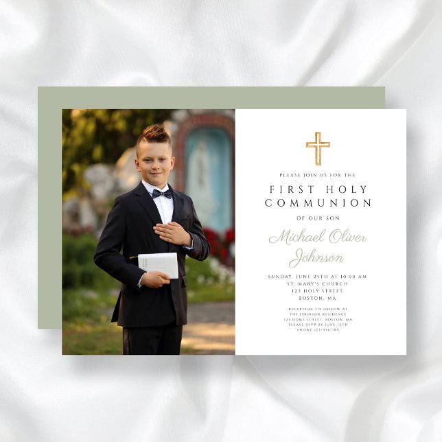 Sage Green Cross Photo Boy First Communion  Invitation (Sage Green Cross Photo Boy First Communion Invitation)