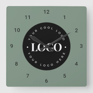 Sage Green Custom Logo Business Company Office Square Wall Clock