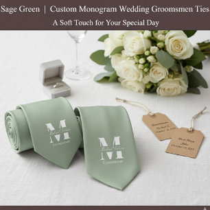 Sage Green Custom Monogram Wedding Groomsmen Tie