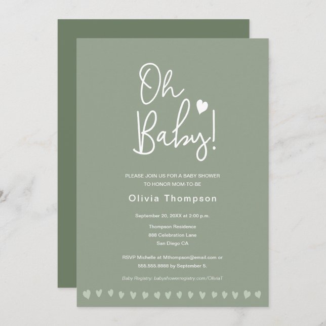 Sage Green Custom Oh Baby Shower Gender Neutral Invitation (Front/Back)