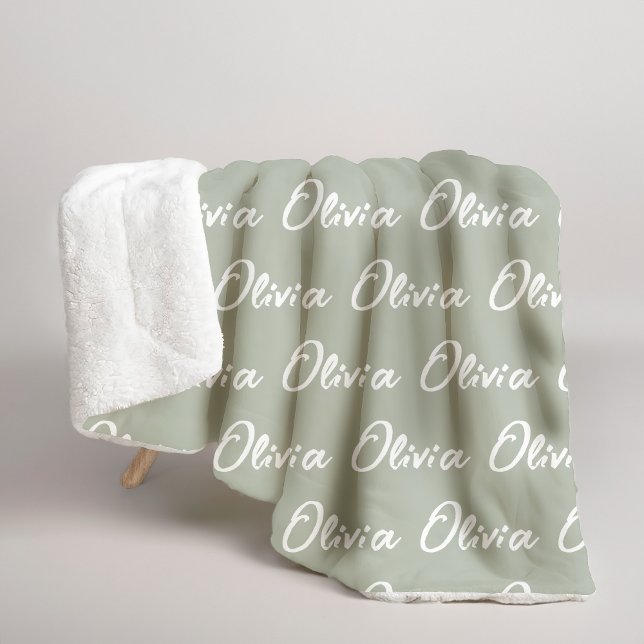 Sage Green Custom Sherpa Blanket for Mum or Nana (Custom name minimalist sage green blanket gift for mom, grandma, aunt, newlyweds, newborn, baby gift)