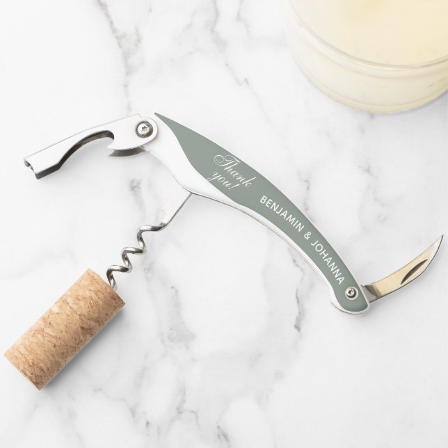 Sage Green Custom Wedding Thank You Favours Corkscrew (Front)