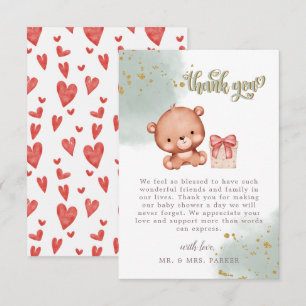 Sage Green Cute Bear Watercolor Heart Baby Shower  Thank You Card