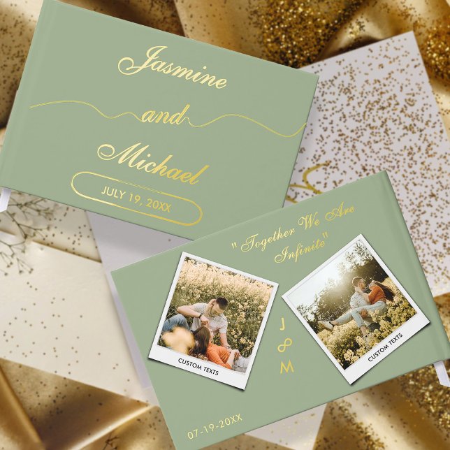 Sage Green Cute Wedding Photos Elegant Gold Script Guest Book (Creator Uploaded)