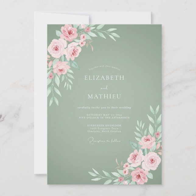 Sage Green Dainty Rose Wedding Invitation (Front)