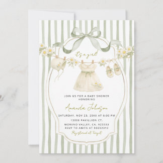 Sage Green Daisy Clothesline Baby Shower Invite
