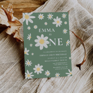 Sage Green Daisy First 1st Birthday invitation One