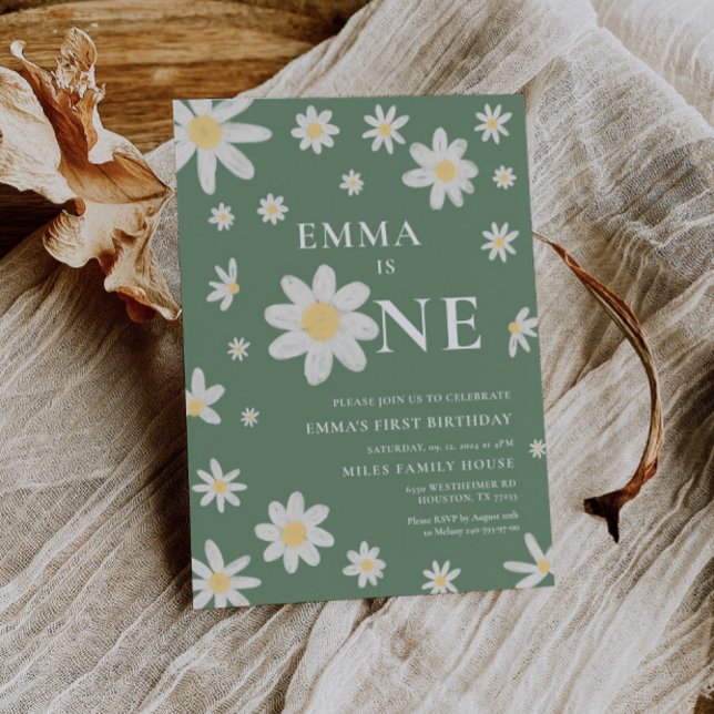 Sage Green Daisy First 1st Birthday invitation One (Creator Uploaded)