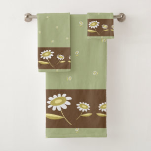 Sage Green Daisy Floral Bathroom Towel Set
